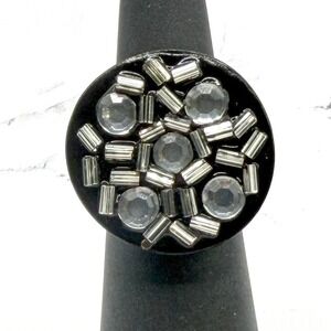 Black Rhinestone Cluster Dome Ring Adjustable Silver Tone Statement Ring